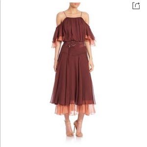 cinq a sept Rust and Peach Cold-Shoulder Midi Dress